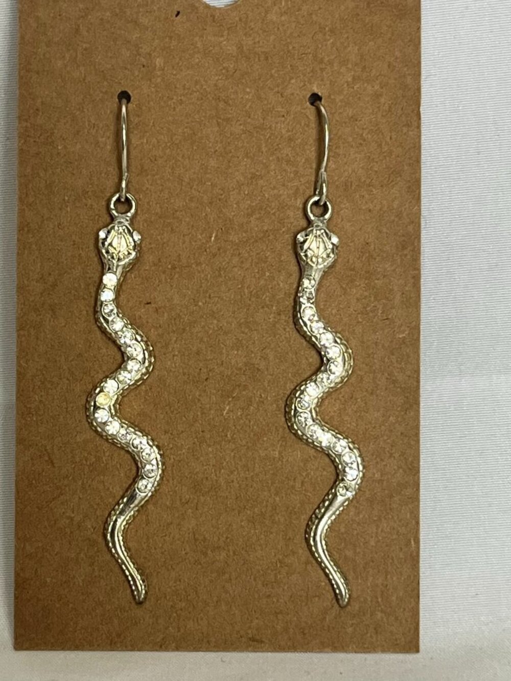 Fashion Jewelry Snake Earrings Silver Tone with mini crystal Bling 2" Long